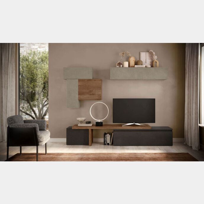 Parete attrezzata Made in Italy 240x190x40, di colore Lava, Argilla e Mercure, collezione Logica