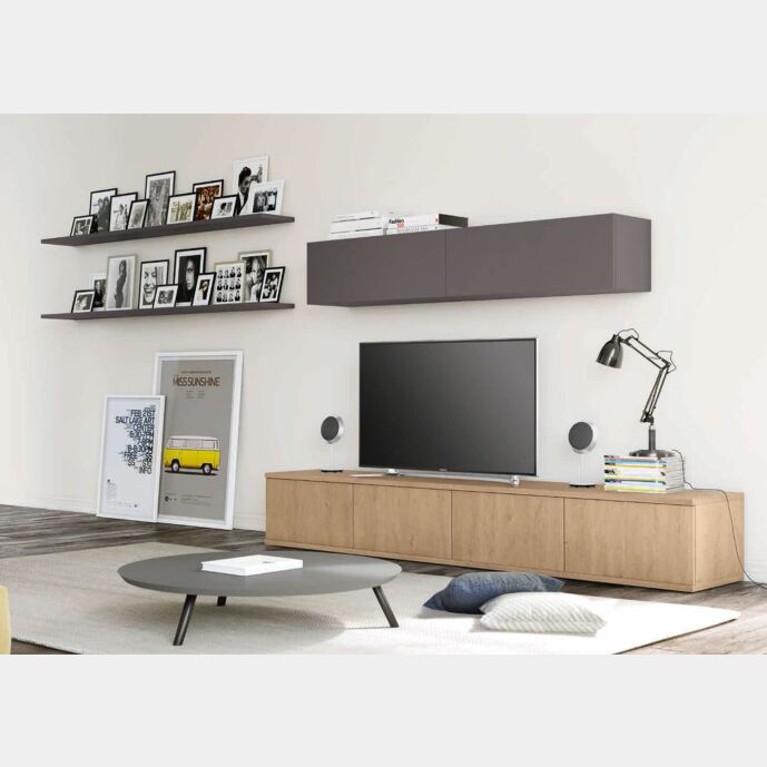 Parete attrezzata con base tv in finitura Royal oak e Grigio titanio