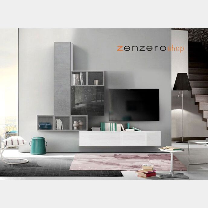 Soggiorno Zenzero parete attrezzata moderna finitura Marmo Nero e Beton