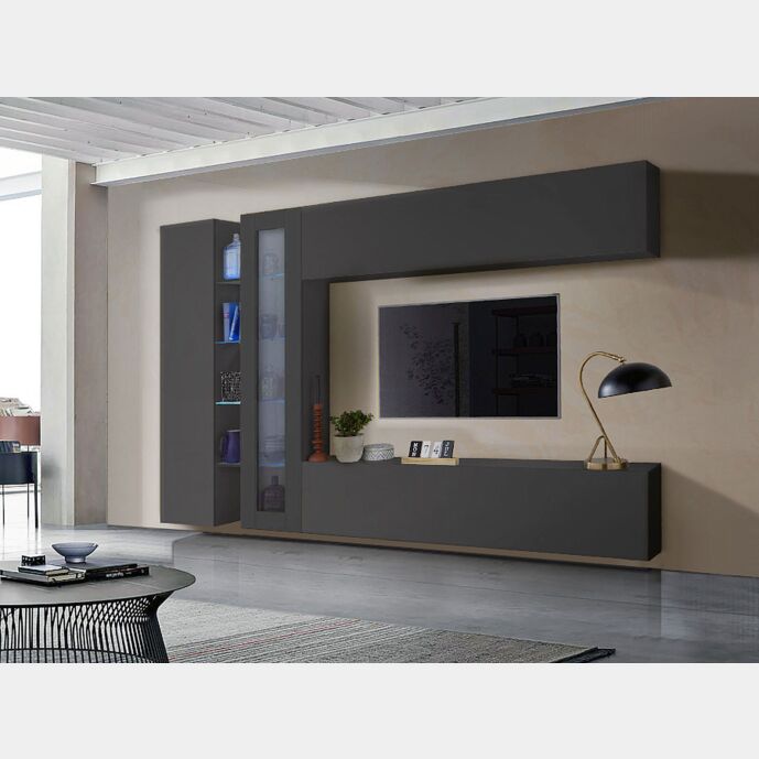 Elegante Parete attrezzata di design con vetrina L.280 cm, finitura Antracite lucido