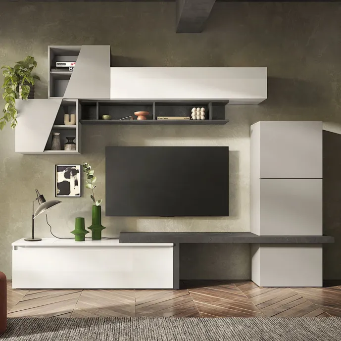 Parete attrezzata 280x40x202 h cm, Gesso e Bianco, collezione Logica Zenzero Shop