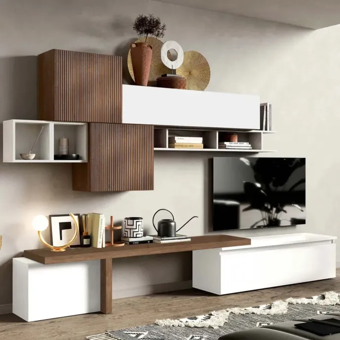 Parete salotto L.330 cm, Bianco lucido e Mercure cannettato, collezione Logica Zenzero Shop