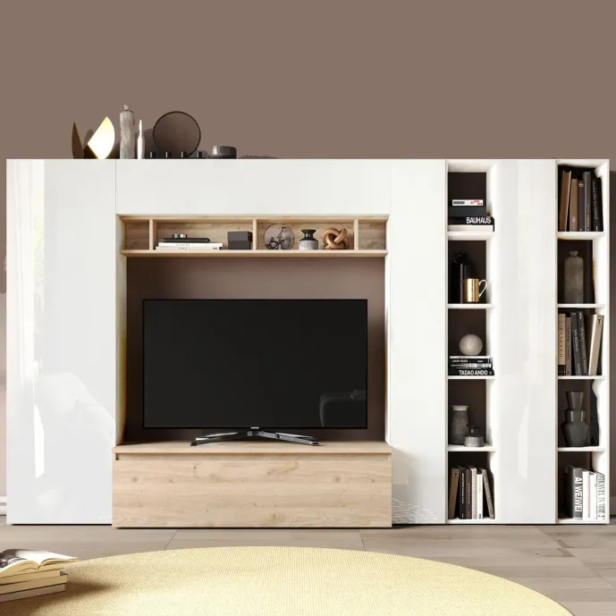 Parete attrezzata 305x40x186 h cm, Bianco lucido e Cadiz, collezione Logica Zenzero Shop