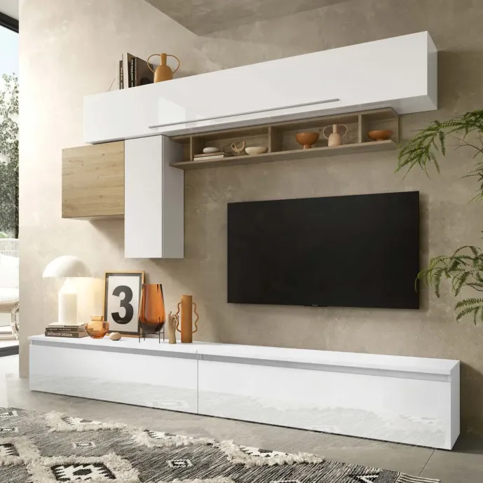 Parete attrezzata Logica, Bianco lucido e Cadiz, con base e pensili, L.276 Zenzero Shop