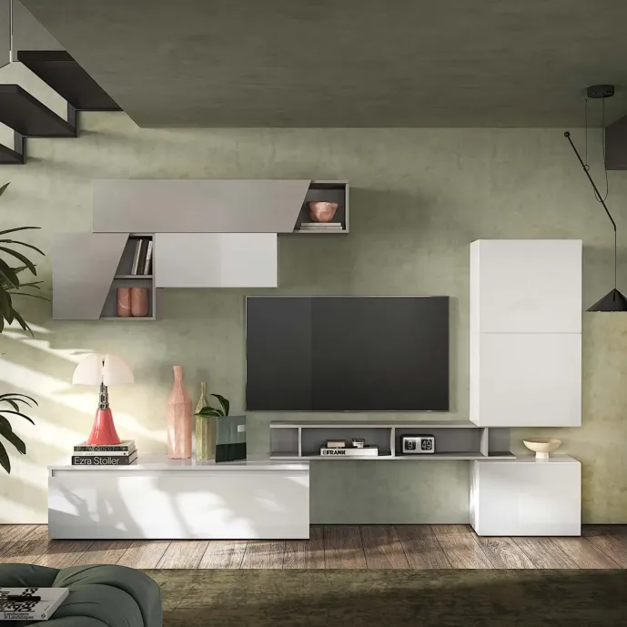 Parete attrezzata 310x40x210 h cm, Bianco e Gesso, collezione Logica Zenzero Shop