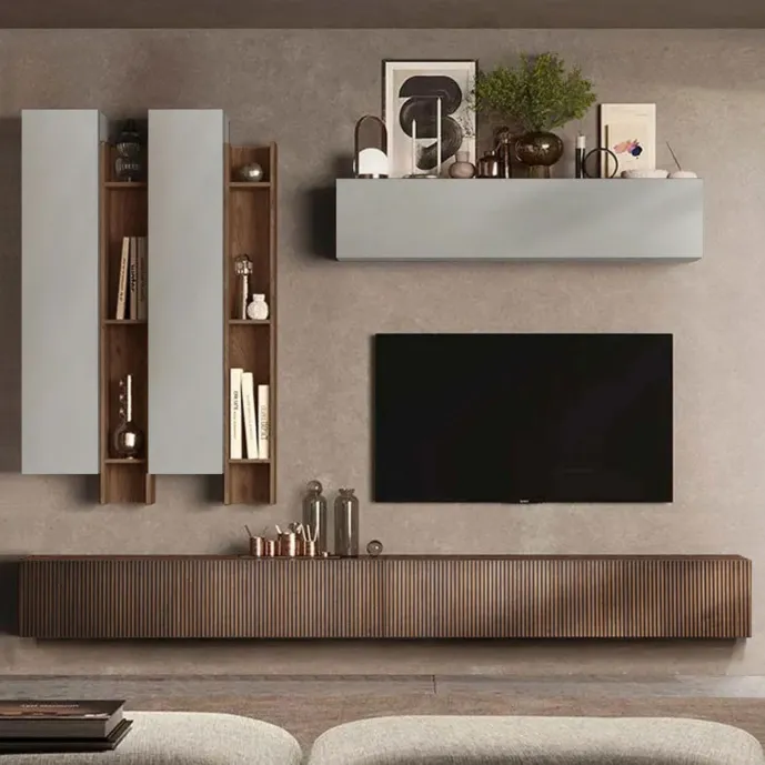 Parete attrezzata 262x40x210 h cm, Gesso e Mercure cannettato, collezione Logica Zenzero Shop