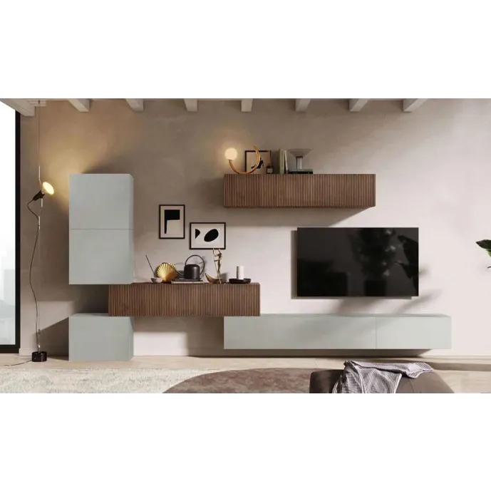 Parete attrezzata 340x30x169 h cm, Mercure cannettato e Gesso, collezione Logica Zenzero Shop