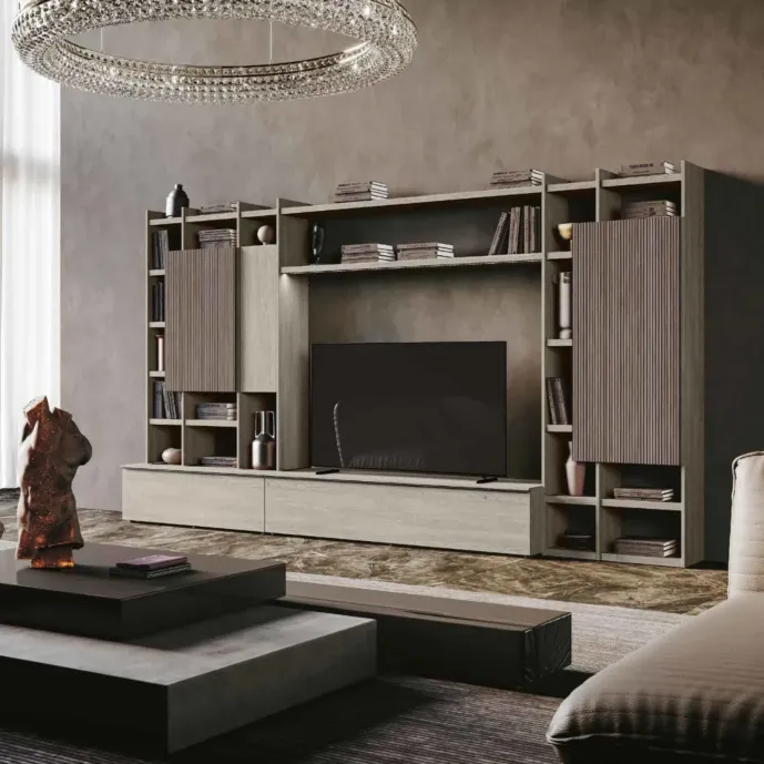 Parete moderna Rovere gessato e Cannettato grigio Zenzero Shop