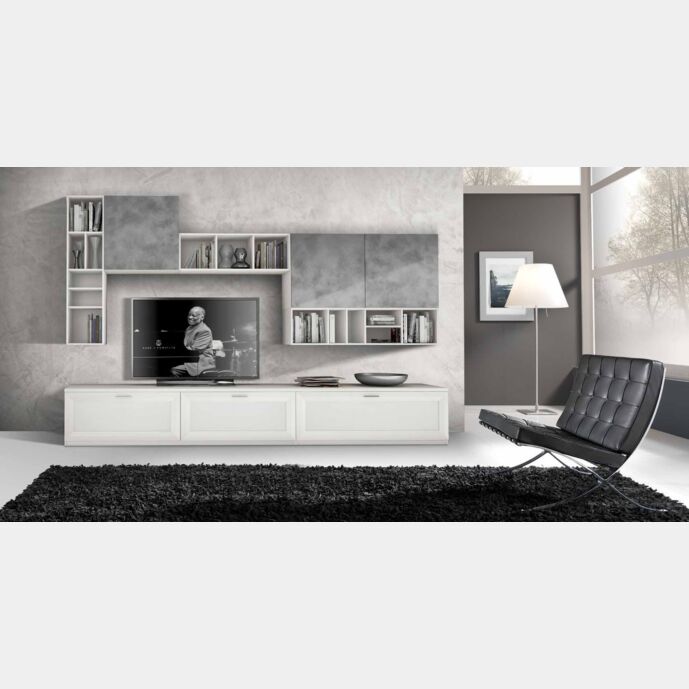 Parete attrezzata larghezza 3 metri, Bianco Frassinato e Spatolato Grafite, Made in Italy