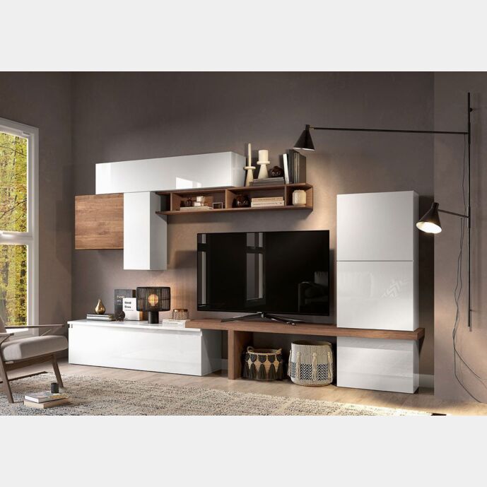 Parete attrezzata 280x40x202 h cm, Bianco lucido e Mercure, collezione Logica Zenzero Shop