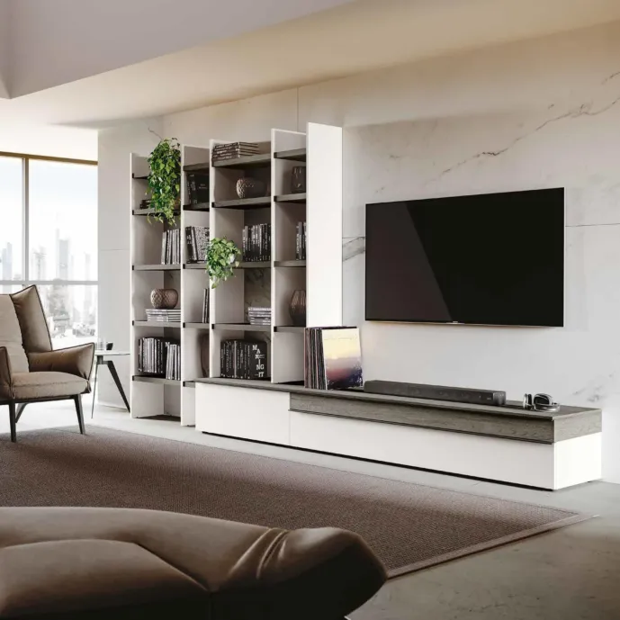 Parete attrezzata con libreria, Rovere grigio e Bianco Zenzero Shop