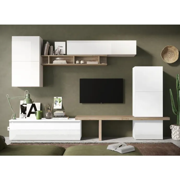 Parete attrezzata 290x40x180 h cm, Bianco lucido e Cadiz, collezione Logica Zenzero Shop