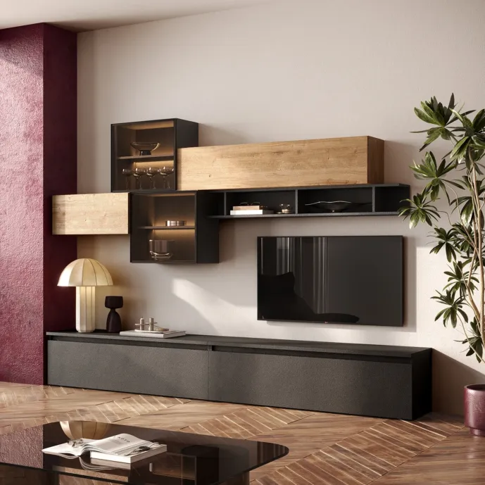 Parete attrezzata con pensili ante vetro,Lava e Cadiz, L.276