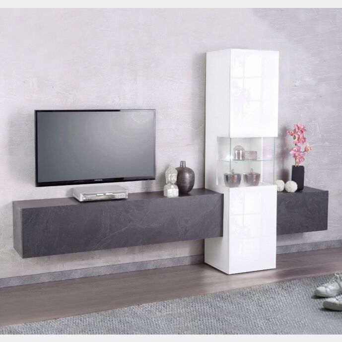 Parete attrezzata con vetrina, bianco lucido e Ardesia