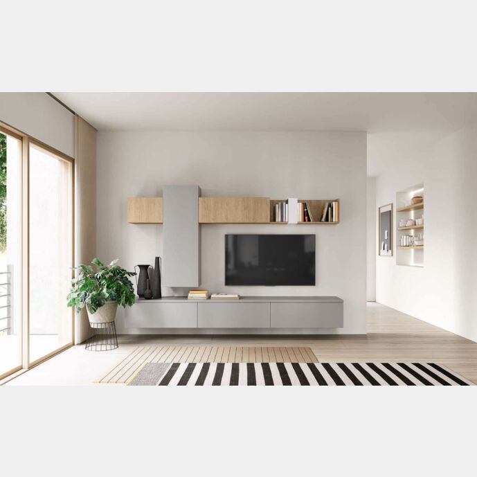 Parete attrezzata salotto, finitura Grigio dorian e Royal oak