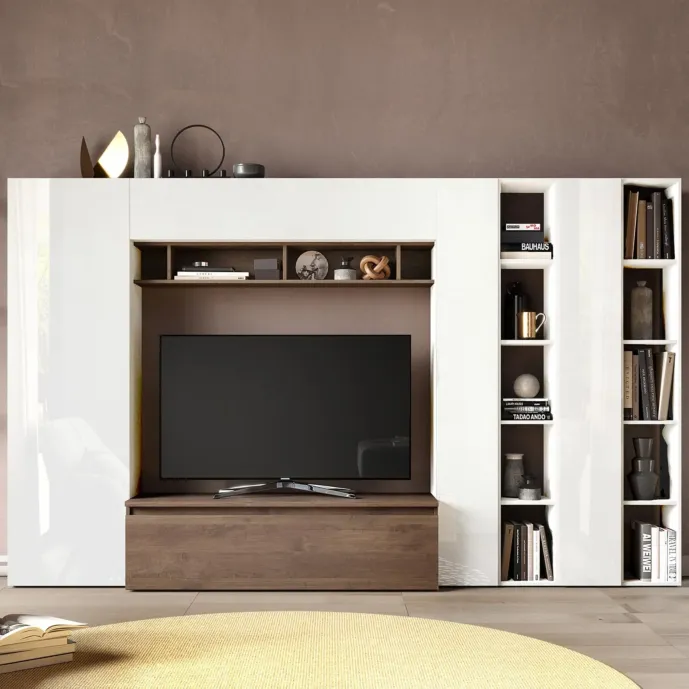 Parete attrezzata 305x40x186 h cm, Bianco lucido e Mercure, collezione Logica Zenzero Shop