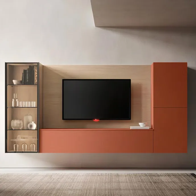 Parete attrezzata SKT10 Tomasella, Rovere sabbia e Laccato Tabasco