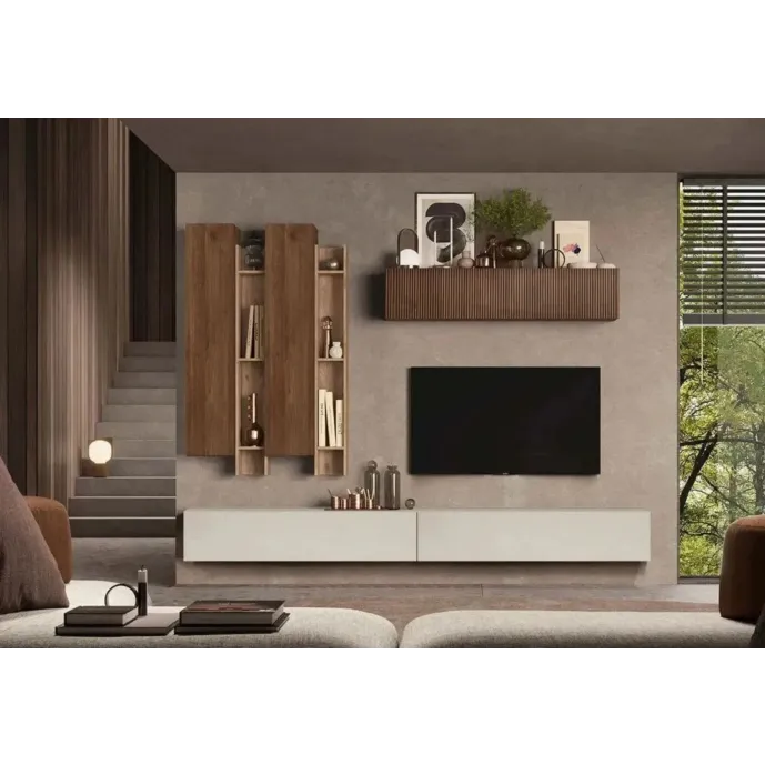 Parete attrezzata 276x40x210 h cm, Cashmere, Cadiz e Mercure cannettato, collezione Logica Zenzero Shop