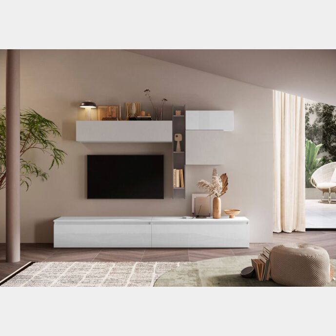 Parete porta TV moderna finitura Gesso, Ardesia e Bianco lucido