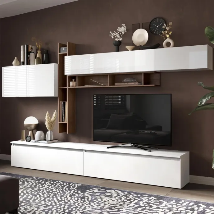 Parete attrezzata Logica con base, pensili e librerie, Bianco lucido e Mercure, L.336 Zenzero Shop