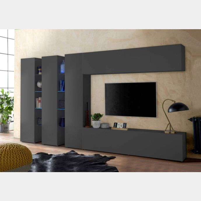 Conveniente Parete attrezzata L.340 cm, finitura Antracite lucido, Made in Italy