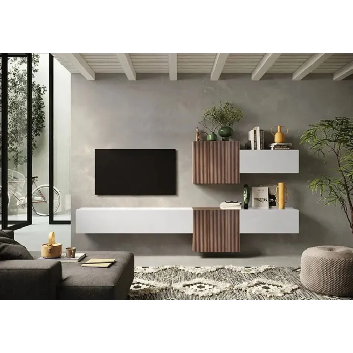 Pareti attrezzate 262x30x190 h cm, Bianco lucido e Mercure cannettato, collezione Logica Zenzero Shop