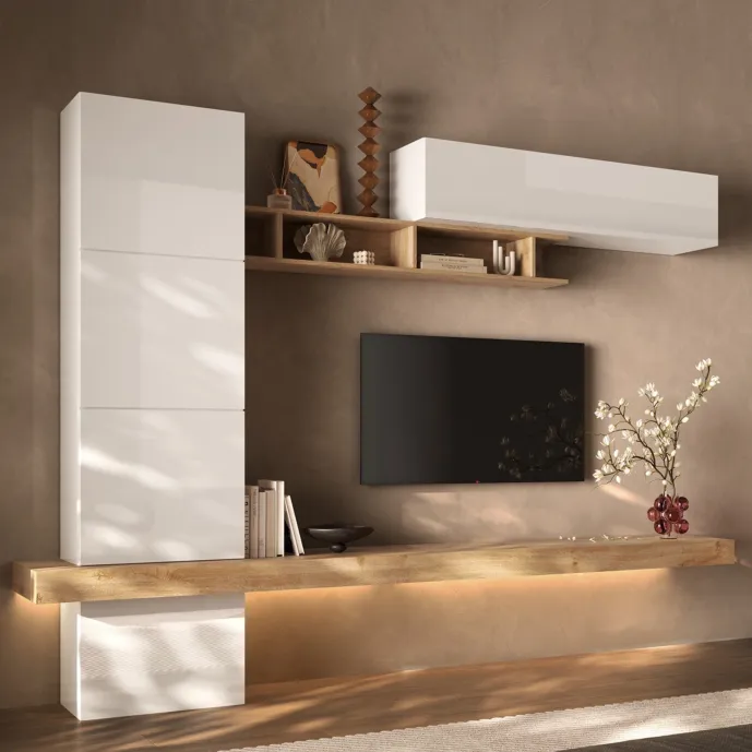 Parete attrezzata moderna, Bianco lucido e Cadiz, L.276