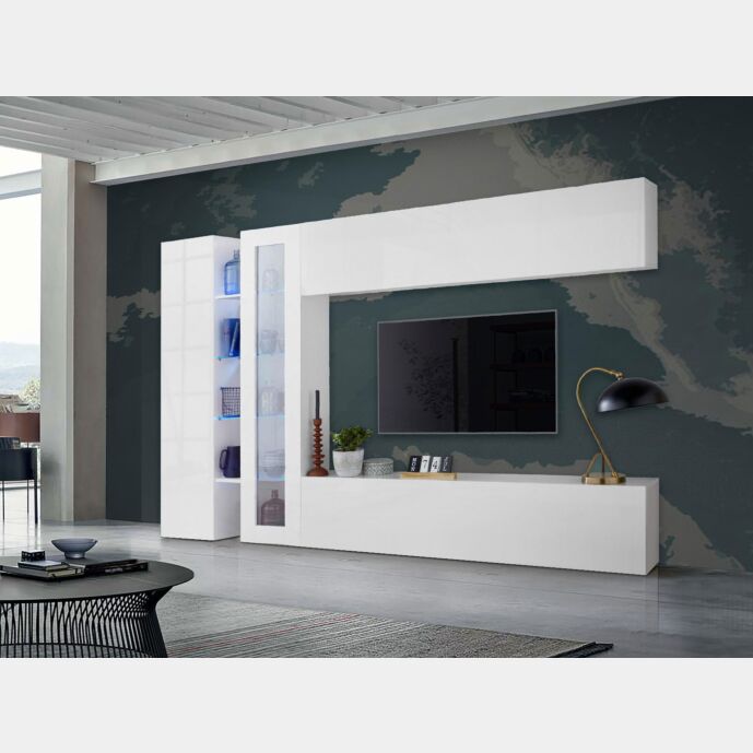 Parete attrezzata di design con vetrina L.280 cm, finitura Bianco lucido