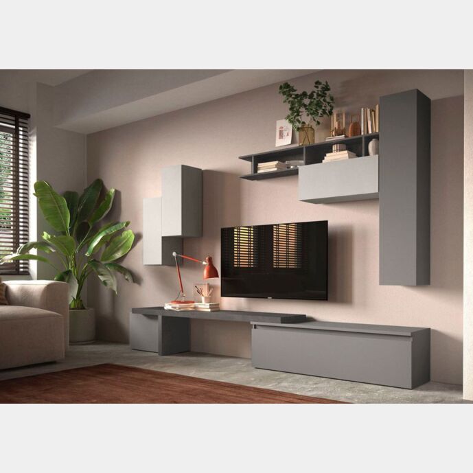 Parete attrezzata moderna 280x210x40, in finitura Ardesia, Gesso e Piombo, collezione Logica Zenzero Shop