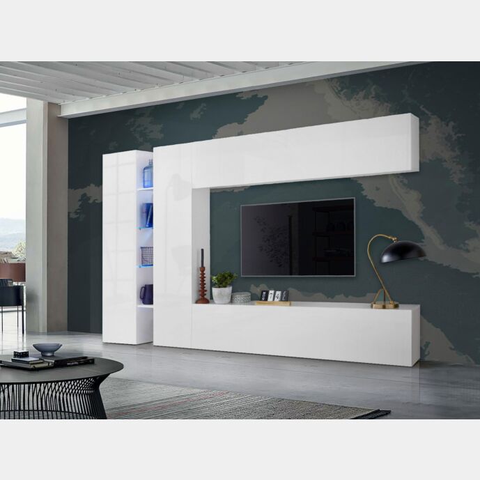 Conveniente e funzionale Parete attrezzata L.280 cm, finitura Bianco lucido