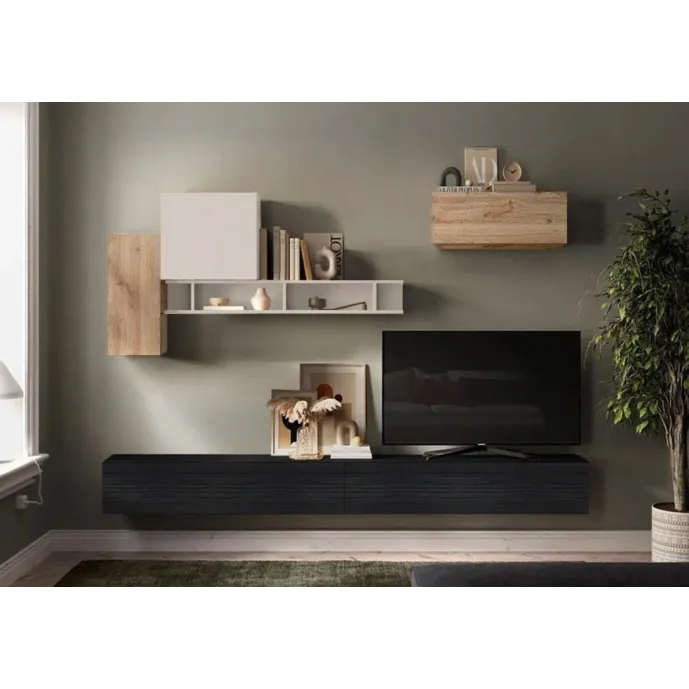 Parete Attrezzata 276x30x210 h cm, Nero frassinato, Cashmere e Cadiz- collezione Logica Zenzero Shop