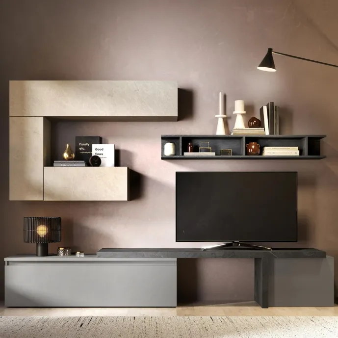 Parete attrezzata 275x40x190 h cm , Argilla, Ardesia e Piombo, collezione Logica Zenzero Shop