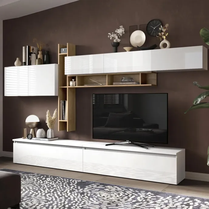 Parete attrezzata 336x40x210 h cm, Bianco lucido e Cadiz, collezione Logica Zenzero Shop