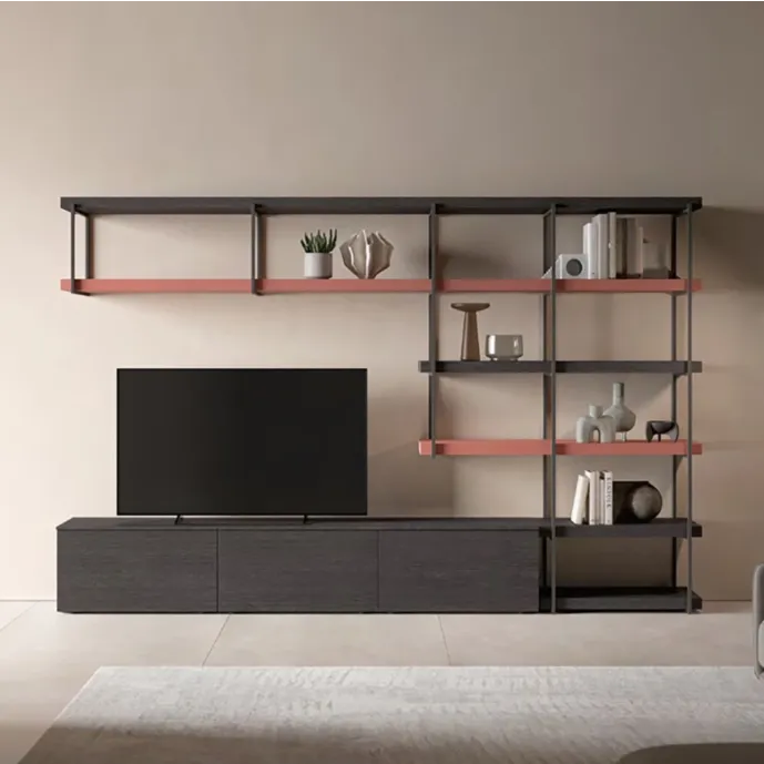 Parete attrezzata SKT15 Tomasella, Rovere carbone e Laccato Rubino