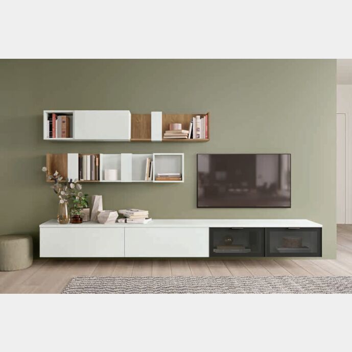 Parete attrezzata sala, finitura Cemento artico e Royal oak