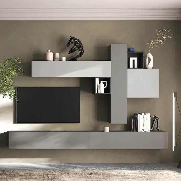 Parete attrezzata 276x30x210 h cm, Ardesia, Gesso e Piombo, collezione Logica Zenzero Shop