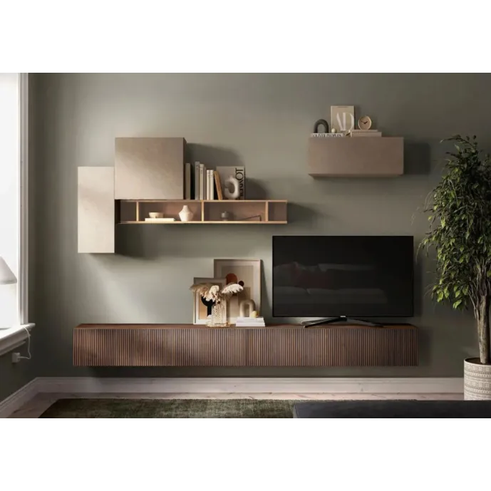 Parete Attrezzata 276x30x210 h cm, Cadiz, Argilla e Mercure cannettato, collezione Logica Zenzero Shop