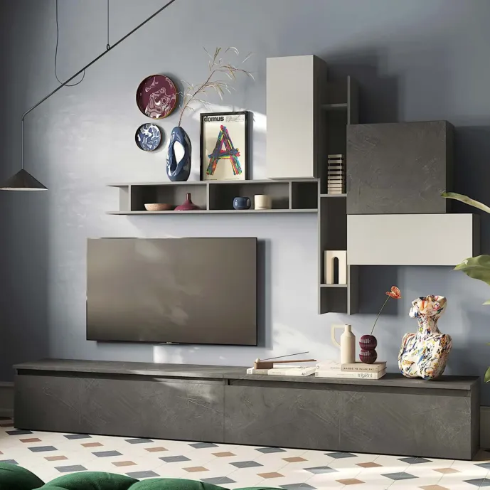 Parete attrezzata 276x40x228 h cm, Ardesia, Gesso e Piombo, collezione Logica Zenzero Shop