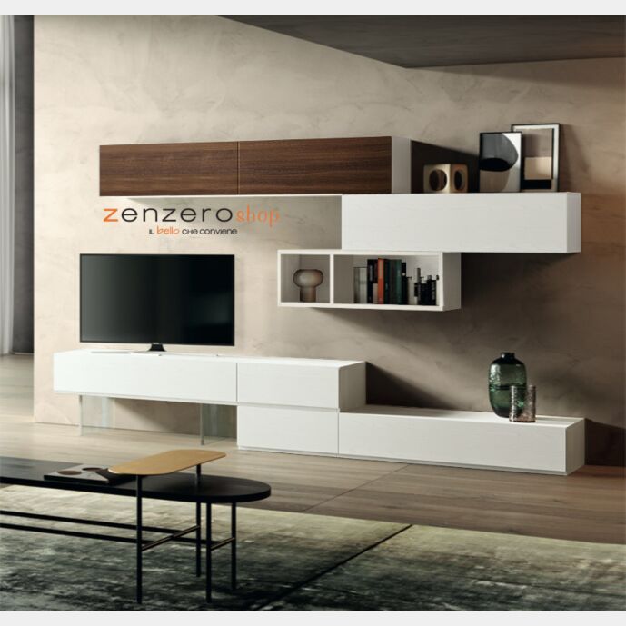 Parete attrezzata Alef in finitura Frassinato bianco e Quercia brown