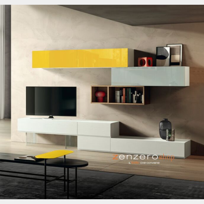 Parete attrezzata Yvaga in finitura Frassinato bianco, Rovere nordico, Vetro grigio e Vetro giallo