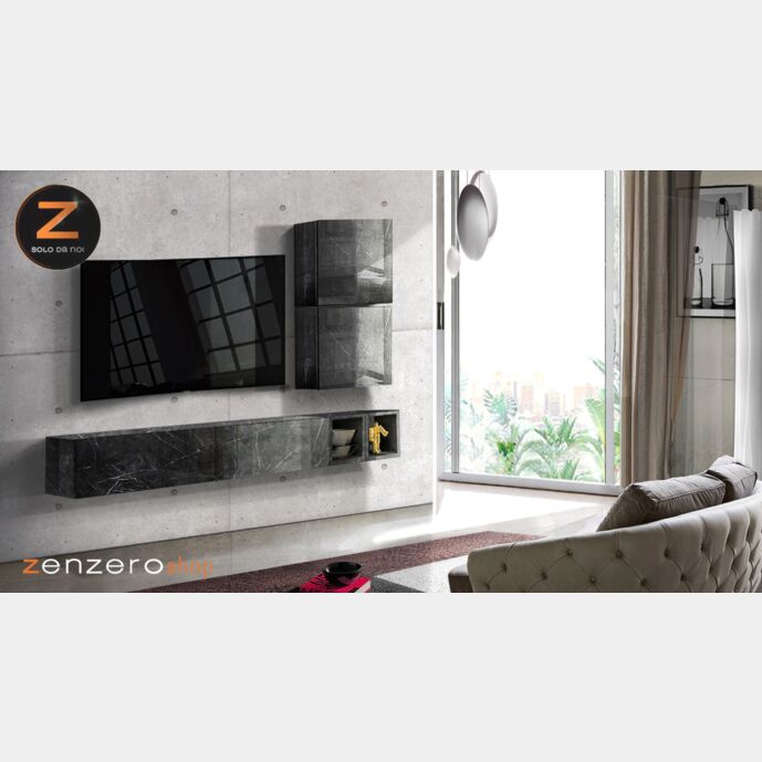 Parete attrezzata lucida con pensile, cubi e vani a giorno, finitura effetto Marmo Nero