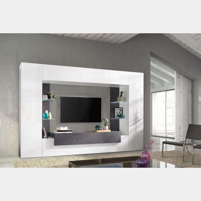 Parete attrezzata moderna, con pensile vasistas, mensole in vetro, finitura bianco lucido e ardesia