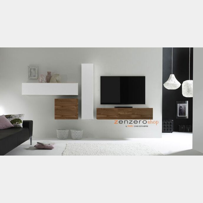 Parete attrezzata moderna di design, Noce Dark e Laccato Bianco Lucido - 321x169 cm Zenzero Shop