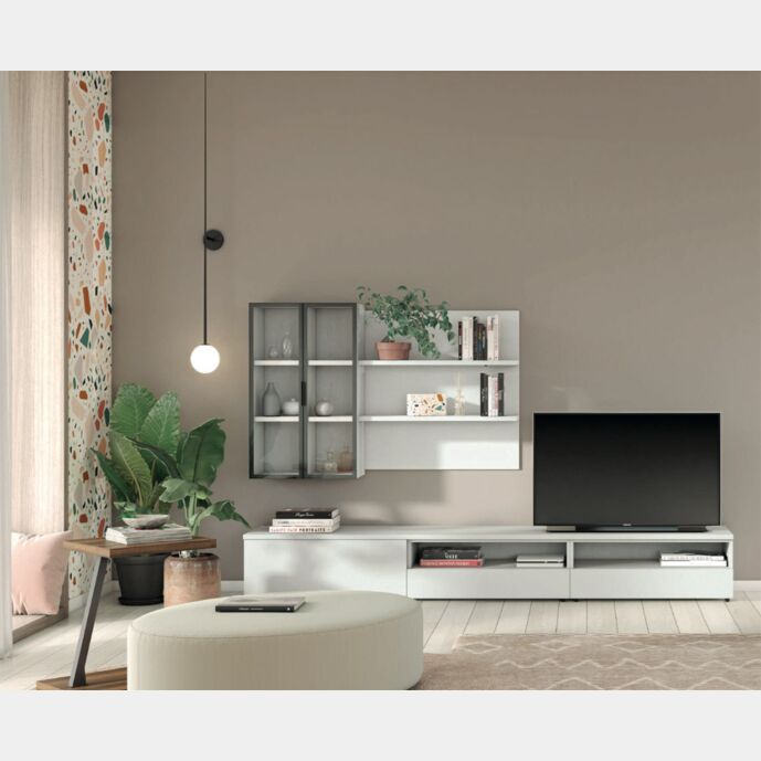 Parete attrezzata con vetrina in finitura Cemento artico