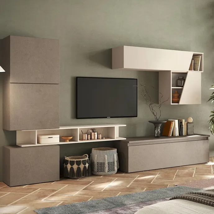 Parete sala moderna L.285m, Cashmere e Bronzo, collezione Logica Zenzero Shop