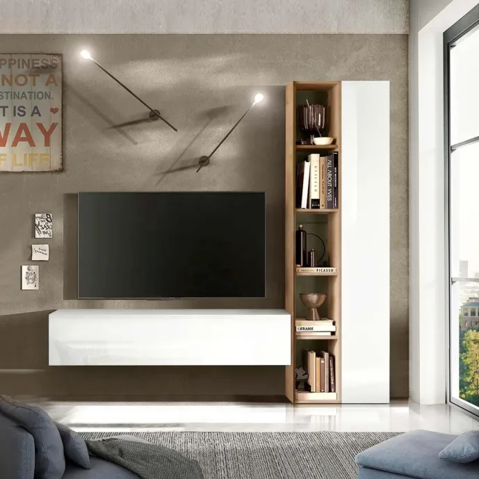 Parete attrezzata 195x30x186 h cm, Bianco lucido e Cadiz, collezione Logica Zenzero Shop