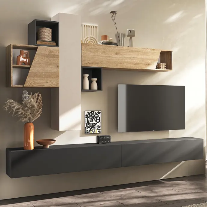 Parete attrezzata 276x30x175 h cm, Cashmere, Cadiz, Lava, collezione Logica Zenzero Shop