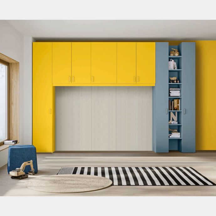 Armadio ponte con libreria, finitura Miele, Cadaques e Rovere gesso