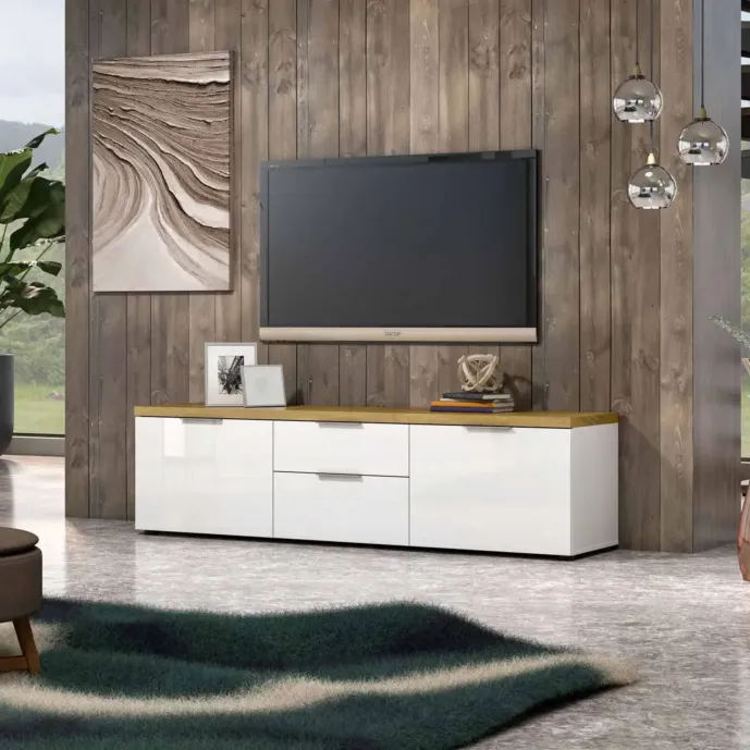 Mobile tv colore Bianco lucido con top Rovere, L.180 cm