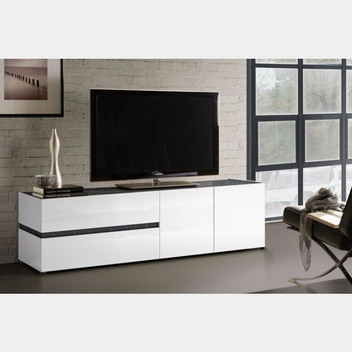 Porta tv con cassetti e un'anta, finitura Bianco laccato lucido